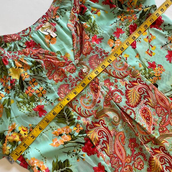 Fig and Flower Paisley Floral Popover Top Womens Large Pale Teal Multicolor - Picture 6 of 7